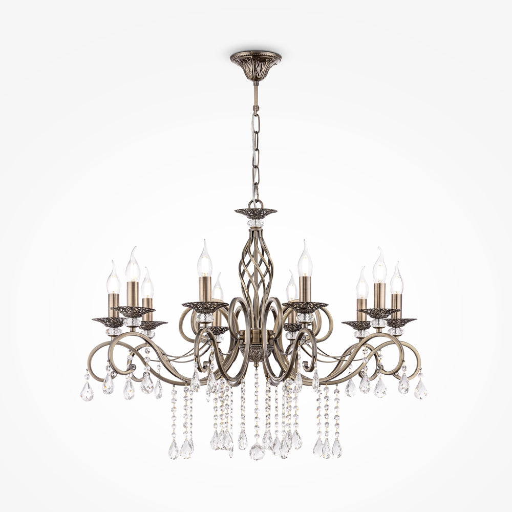 Lustre suspension à bras recourbés en bronze antique avec pampilles de cristal, vue de face