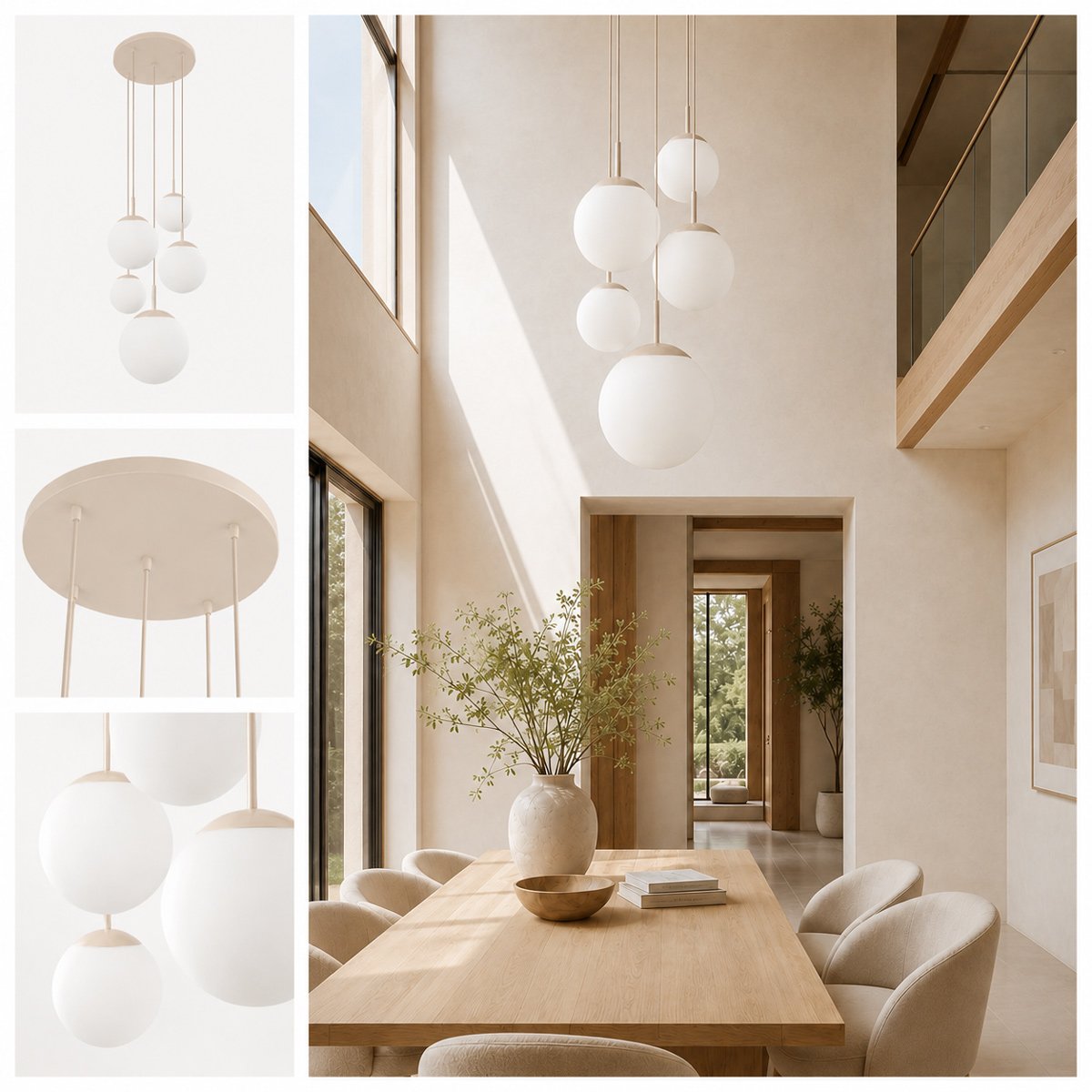 Mise en ambiance dans une salle à manger contemporaine, suspension au-dessus de la table en bois