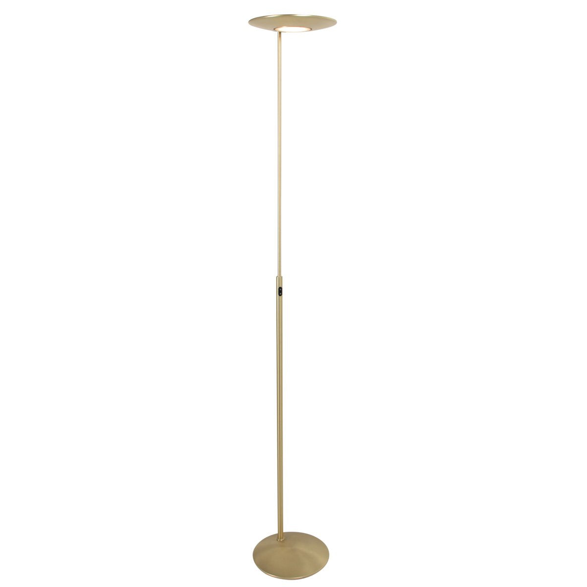 Lampadaire doré fin sur fond blanc, vu de face avec son abat-jour plat.
