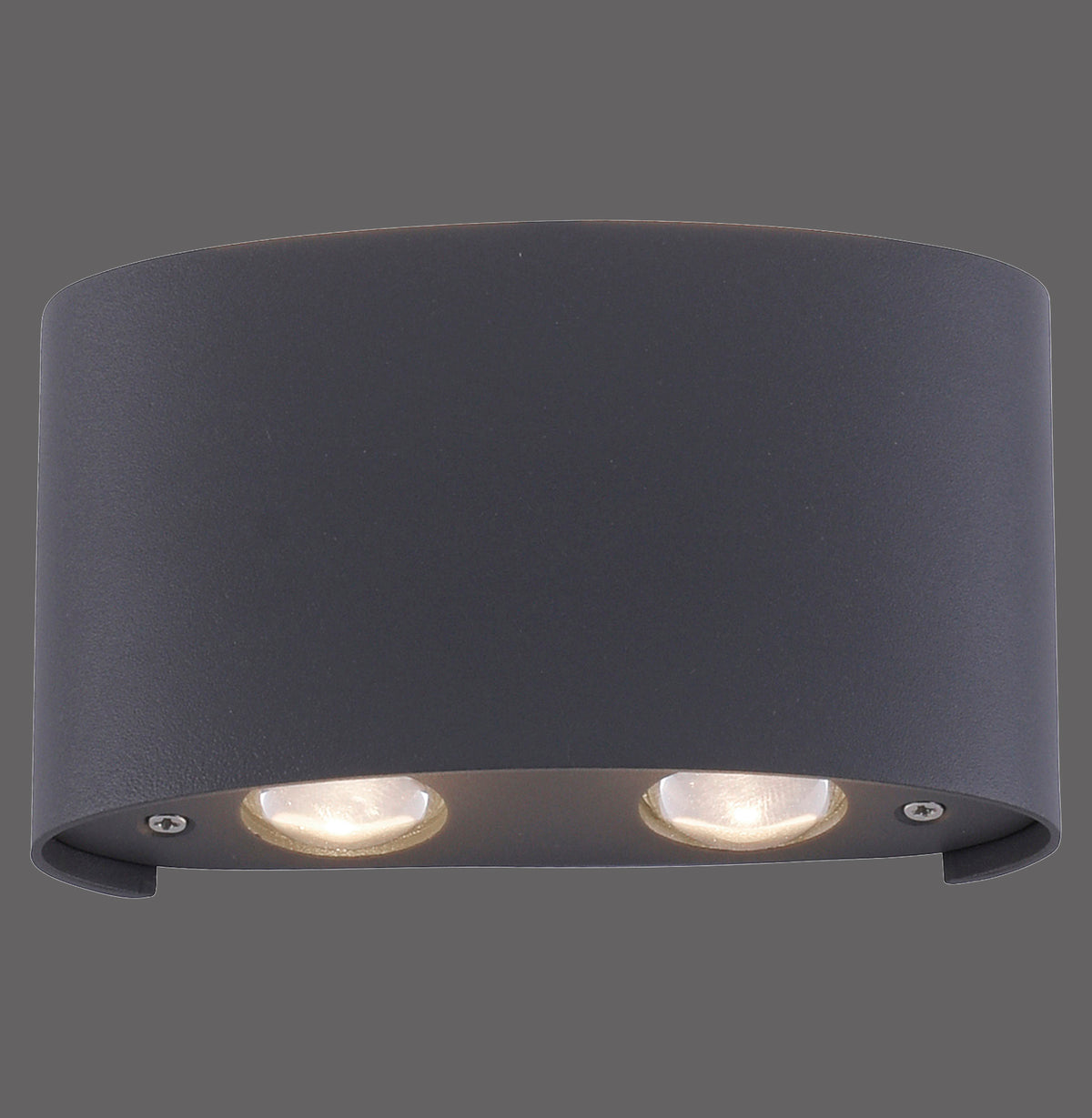 Applique murale anthracite de face sur fond sombre, deux spots LED vers le bas
