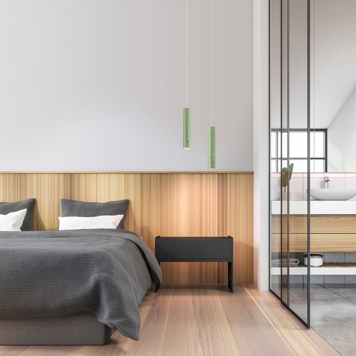 Mise en ambiance chambre, deux suspensions vertes au-dessus de la table de nuit