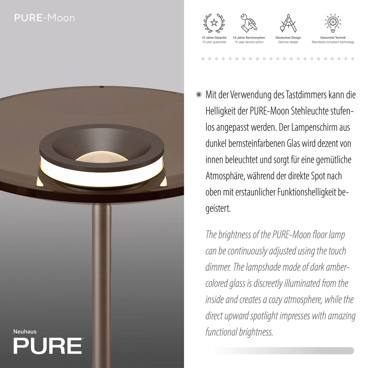 Gros plan sur la coupole et la bague lumineuse, encadré d'icônes de garantie.