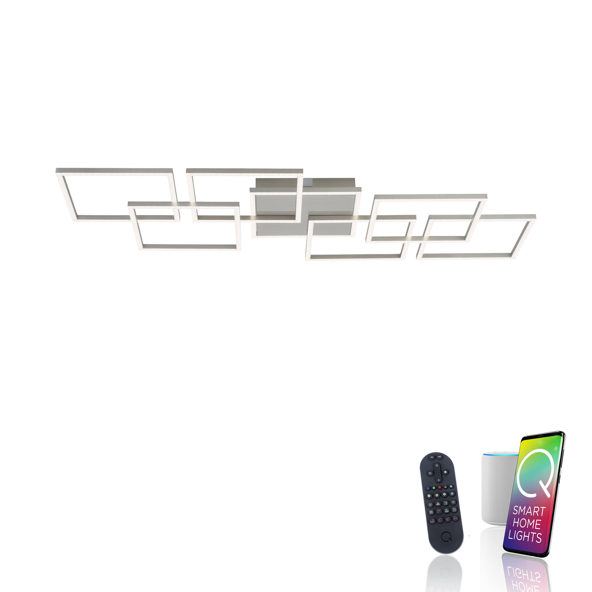 Vue de face du plafonnier accompagné d'une télécommande et d'une enceinte connectée