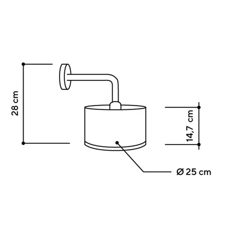 Schéma technique coté montrant hauteur de 28 cm, diamètre de 25 cm et support mural.