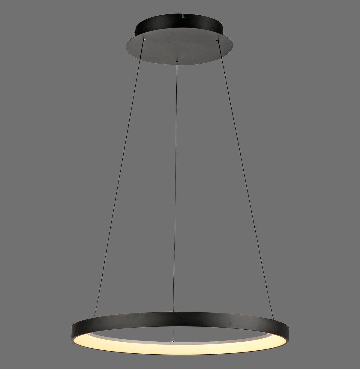 Suspension anneau noire vue de face sur fond gris, éclairage LED allumé