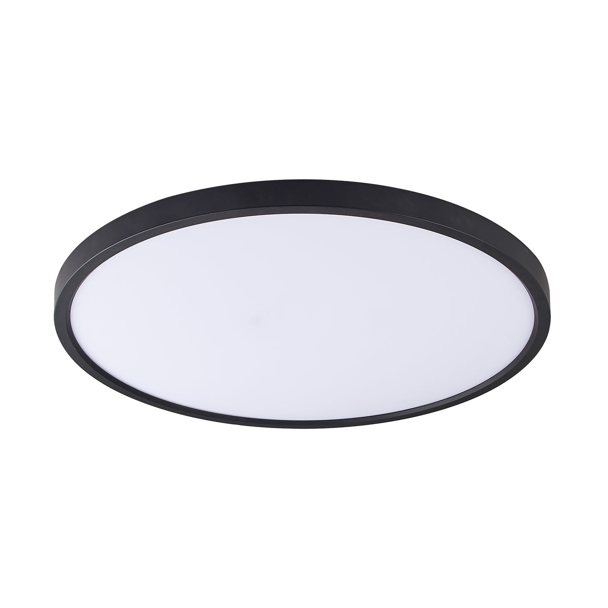 Plafonnier ovale vu de trois quarts, cerclage noir fin et diffuseur opalin blanc lumineux
