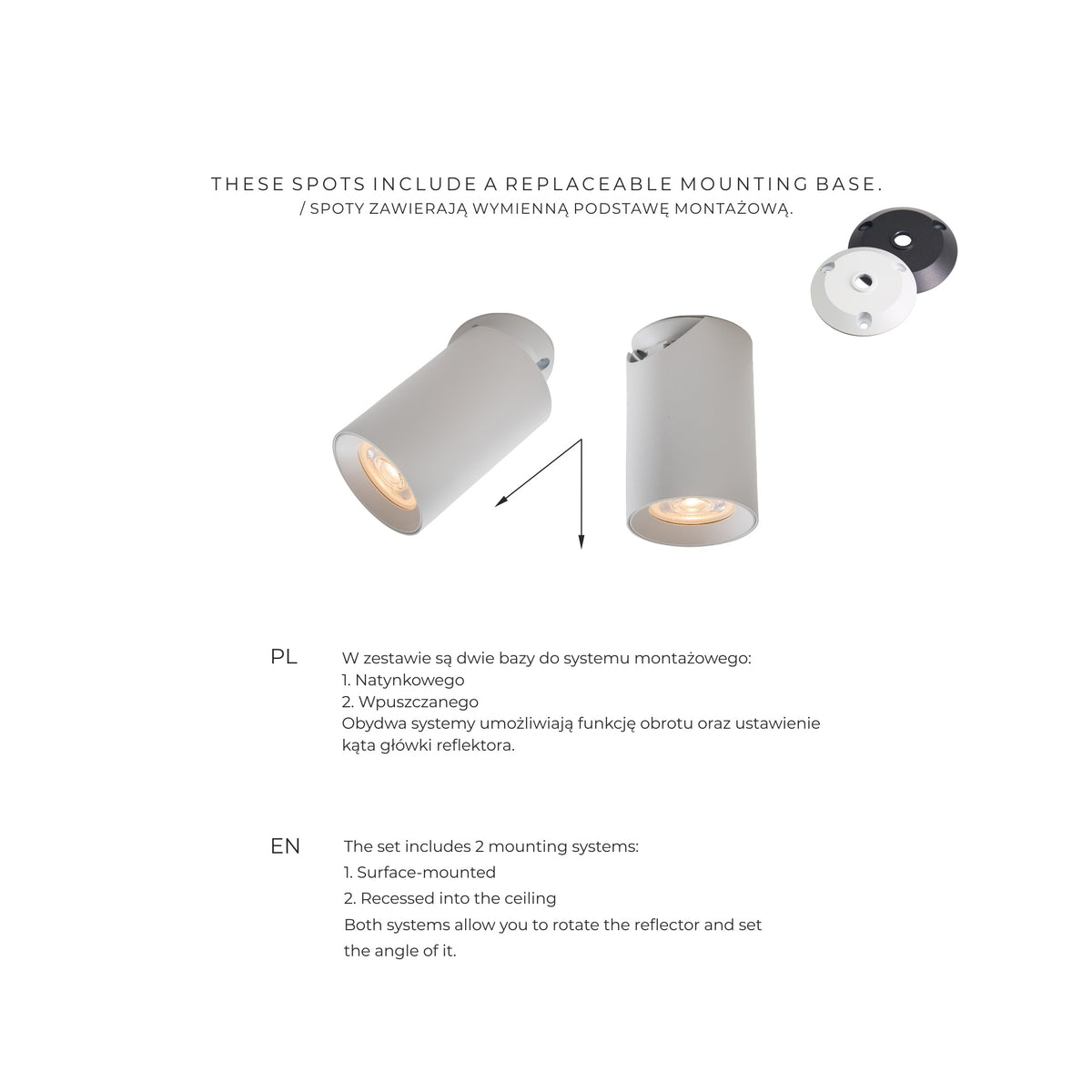 Schéma des deux systèmes de montage, en saillie ou encastré, tête orientable