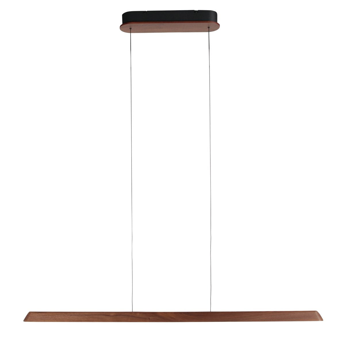 Vue complète du luminaire avec son grand cache-piton ovale noir et bois