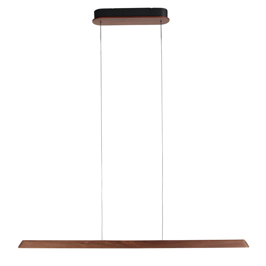 Vue complète du luminaire avec son grand cache-piton ovale noir et bois