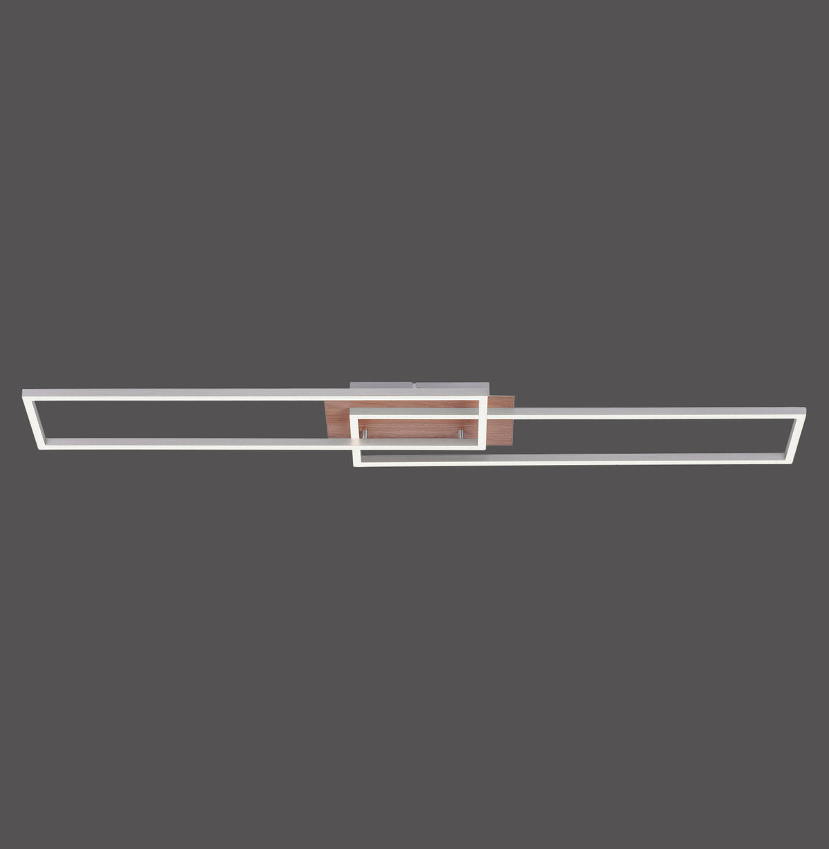 Plafonnier rectangulaire aluminium et bois vu de face sur fond sombre.