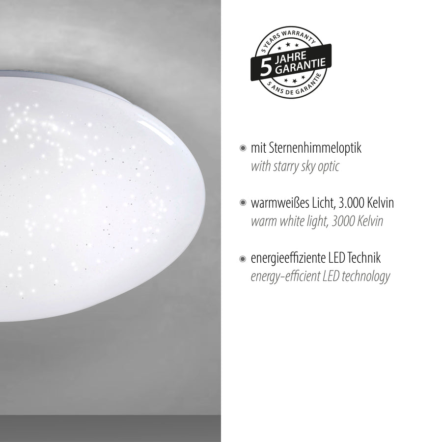 Détail du luminaire avec pastille de garantie cinq ans et arguments