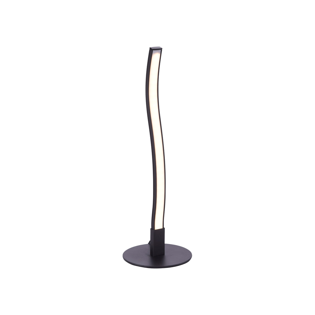 Vue de face sur fond blanc, lampe noire élancée avec long diffuseur lumineux.