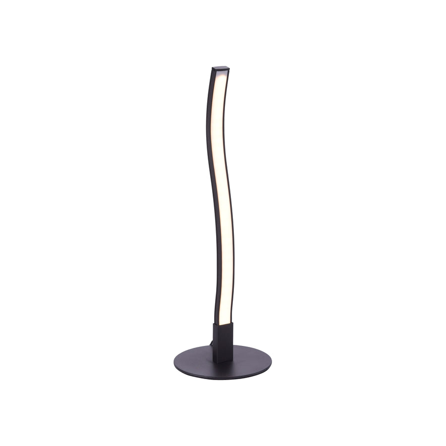 Vue de face sur fond blanc, lampe noire élancée avec long diffuseur lumineux.