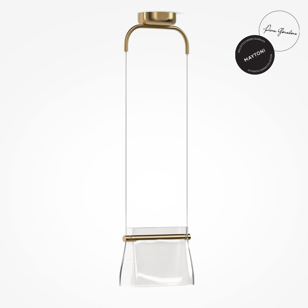 Suspension dorée vue de face, abat-jour en verre transparent sur fond blanc