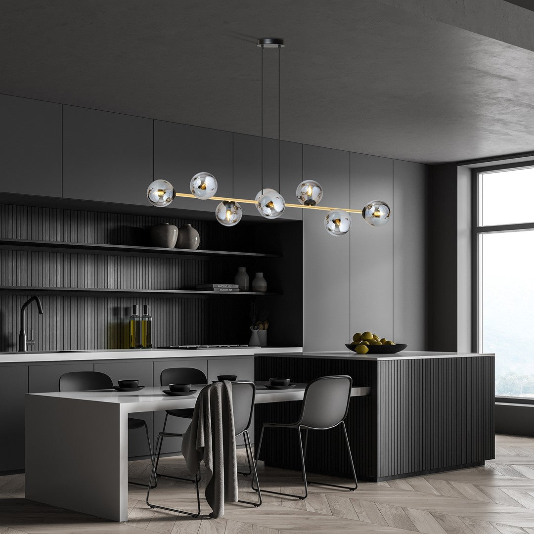 Gravity 8-light pendant, black, graphite glass