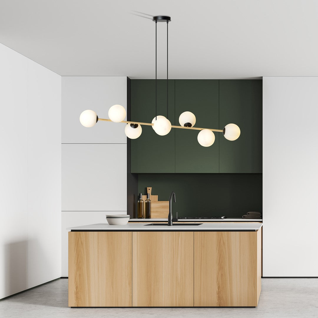 Gravity 8-light pendant, black, opal glass
