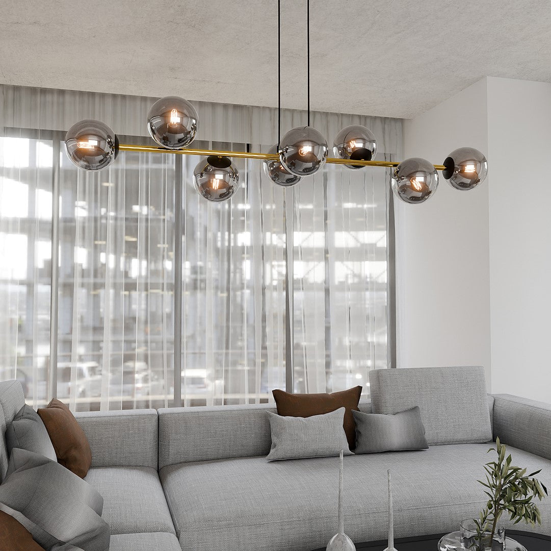 Gravity 8-light pendant, black, graphite glass