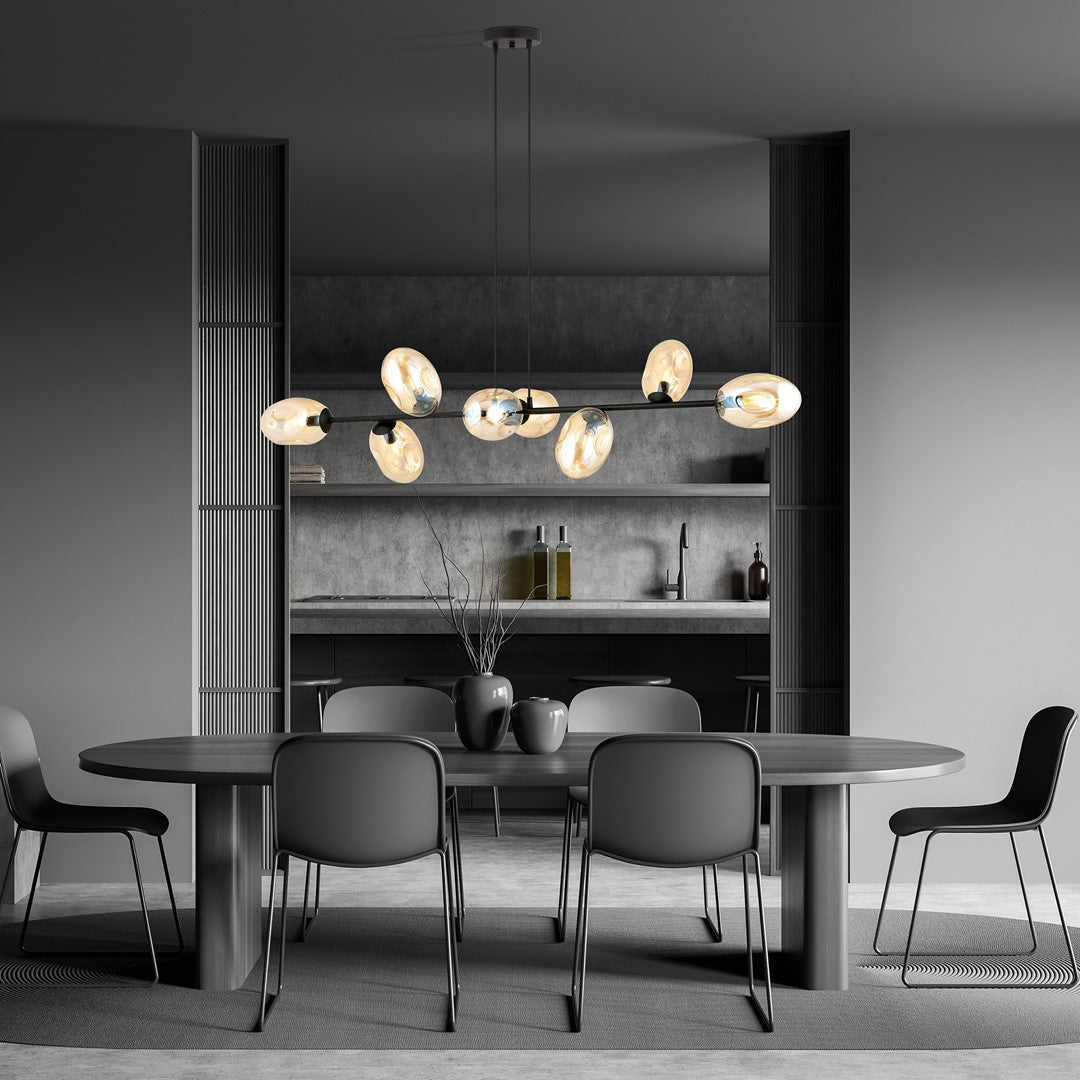 Pandora 8-light pendant, black, amber glass