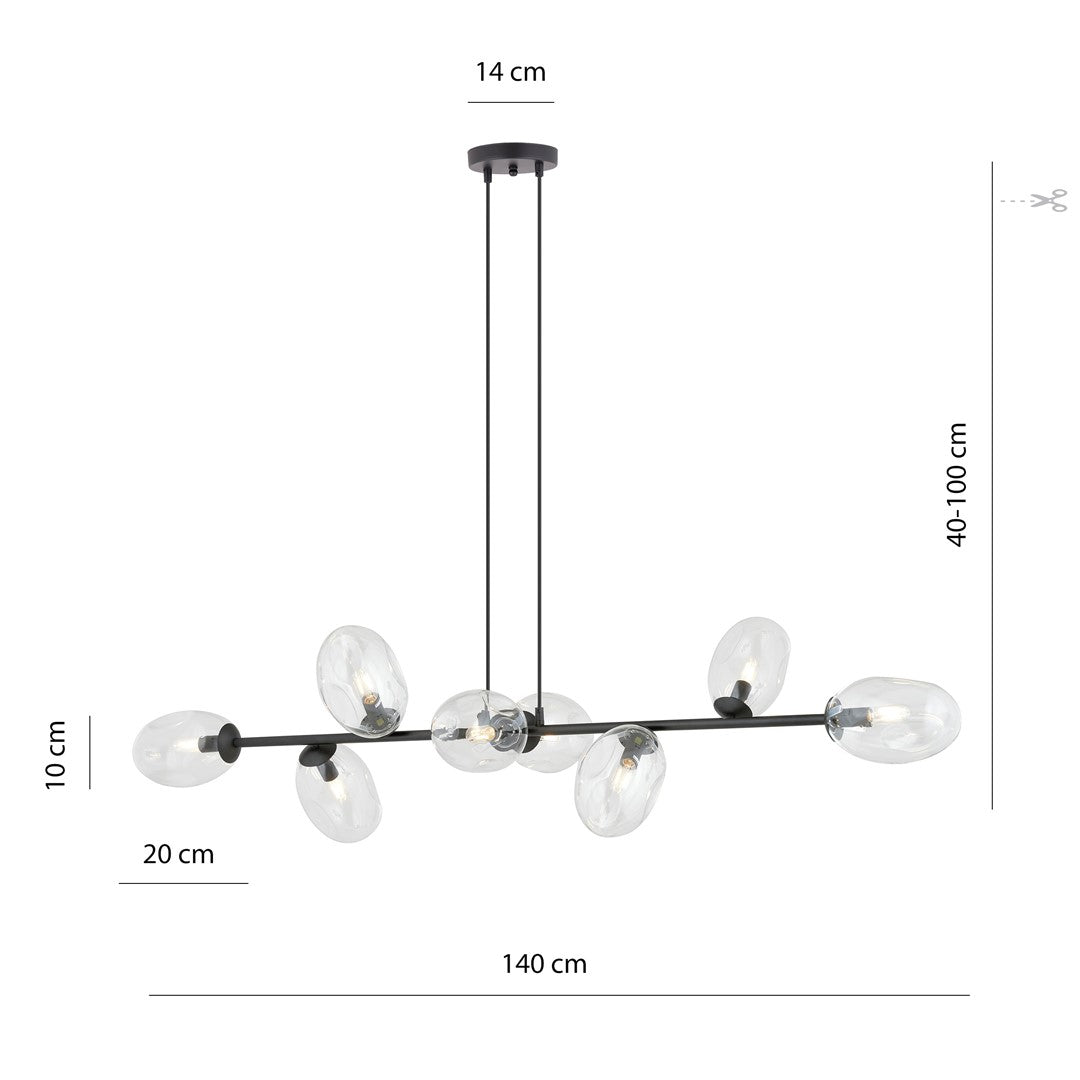 Pandora 8-light pendant, black, transparent glass