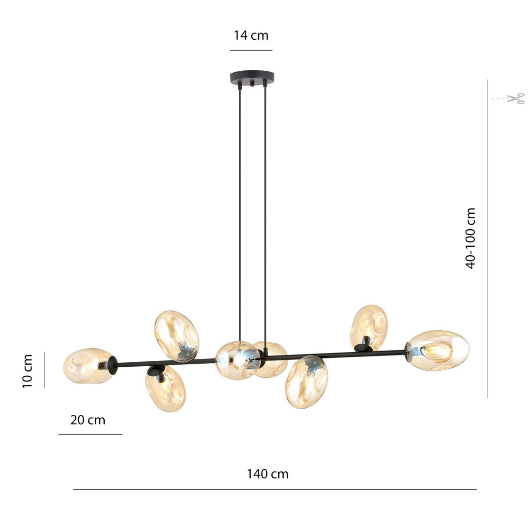 Pandora 8-light pendant, black, amber glass
