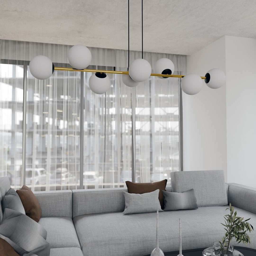 Gravity 8-light pendant, black, opal glass