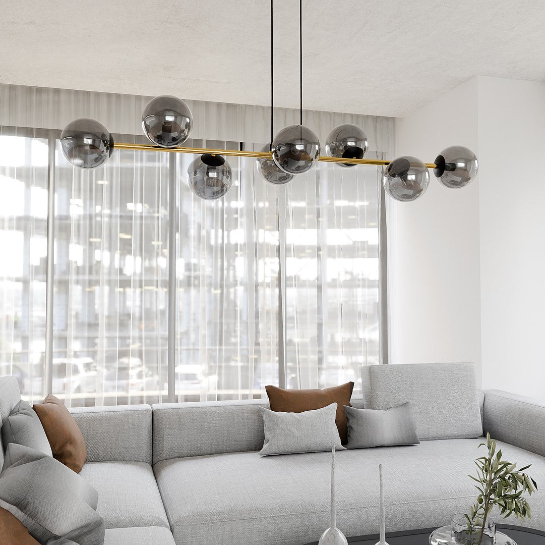 Gravity 8-light pendant, black, graphite glass