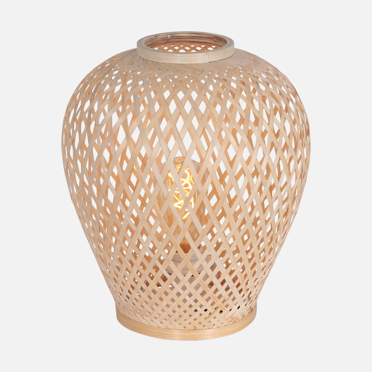 Lampe de chevet bambou tressé Maze, abat-jour vase ajouré Ø 30 cm, sur fond gris clair