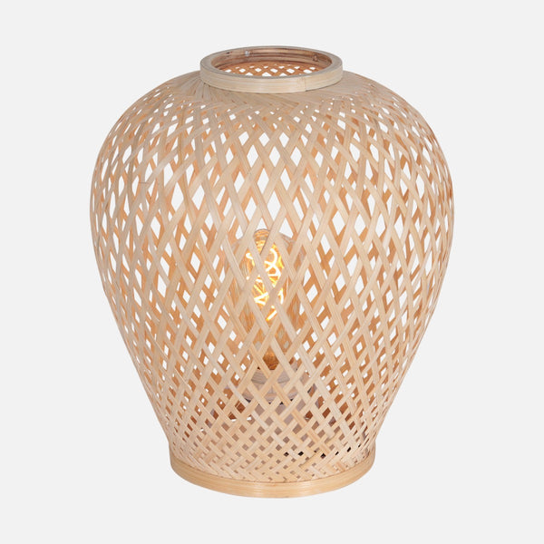 Woven bamboo bedside lamp, dimmed lighting for a cozy bedroom | Maze