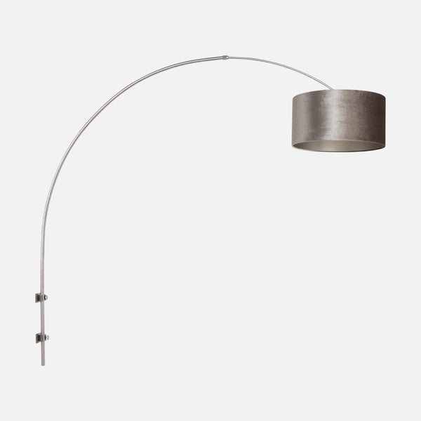 Grey velvet wall lamp, large brushed steel arc arm | Cendre