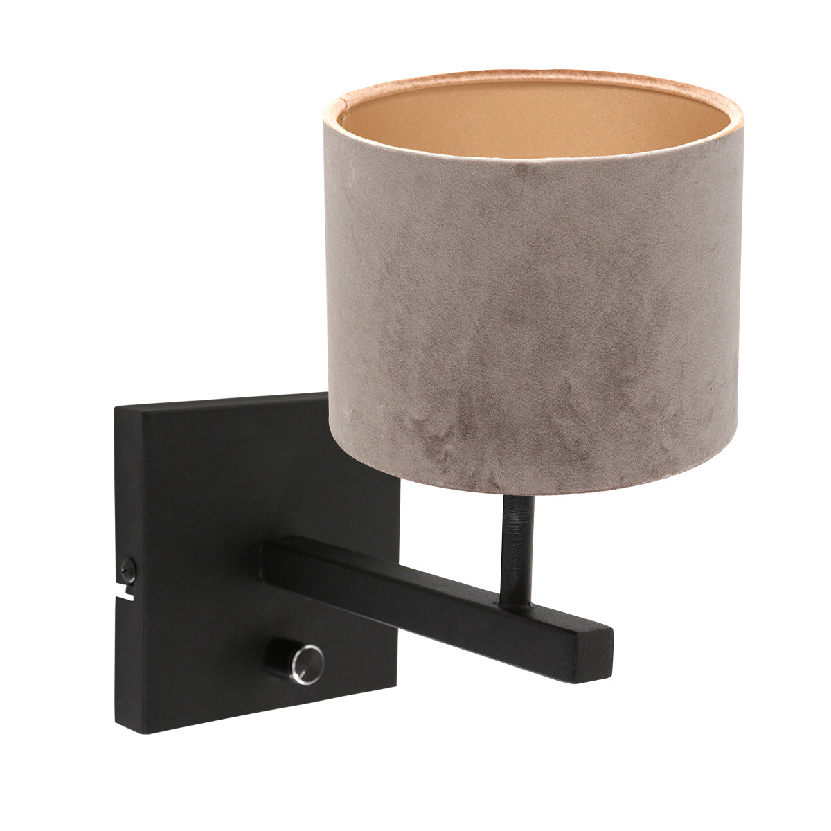 Stang 8175ZW black wall lamp with switch and grey velvet lampshade