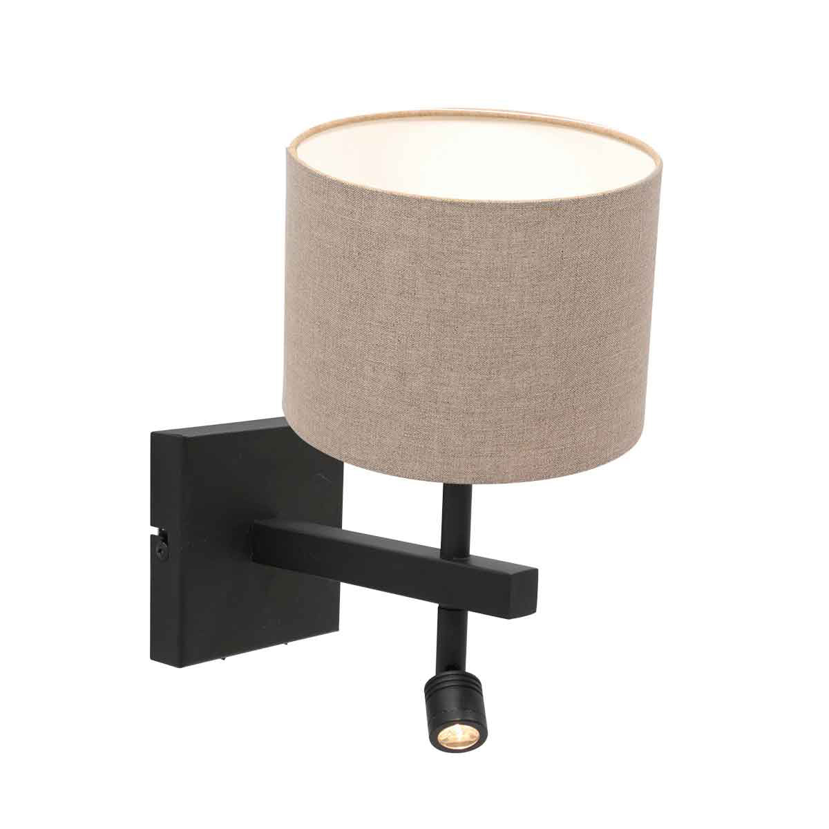 Stang 8203ZW black wall lamp with reading light and grey linen lampshade