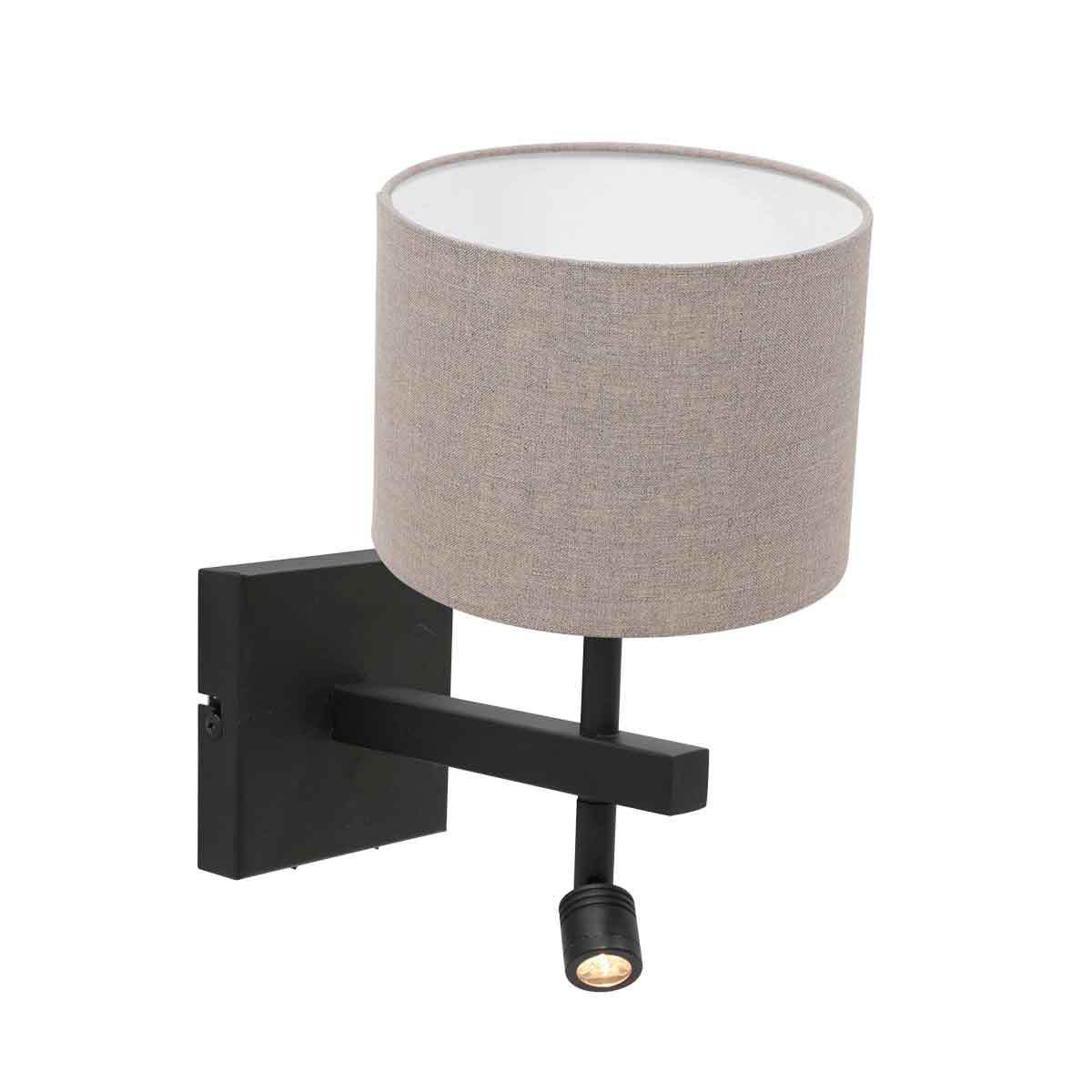 Stang 8203ZW black wall lamp with reading light and grey linen lampshade