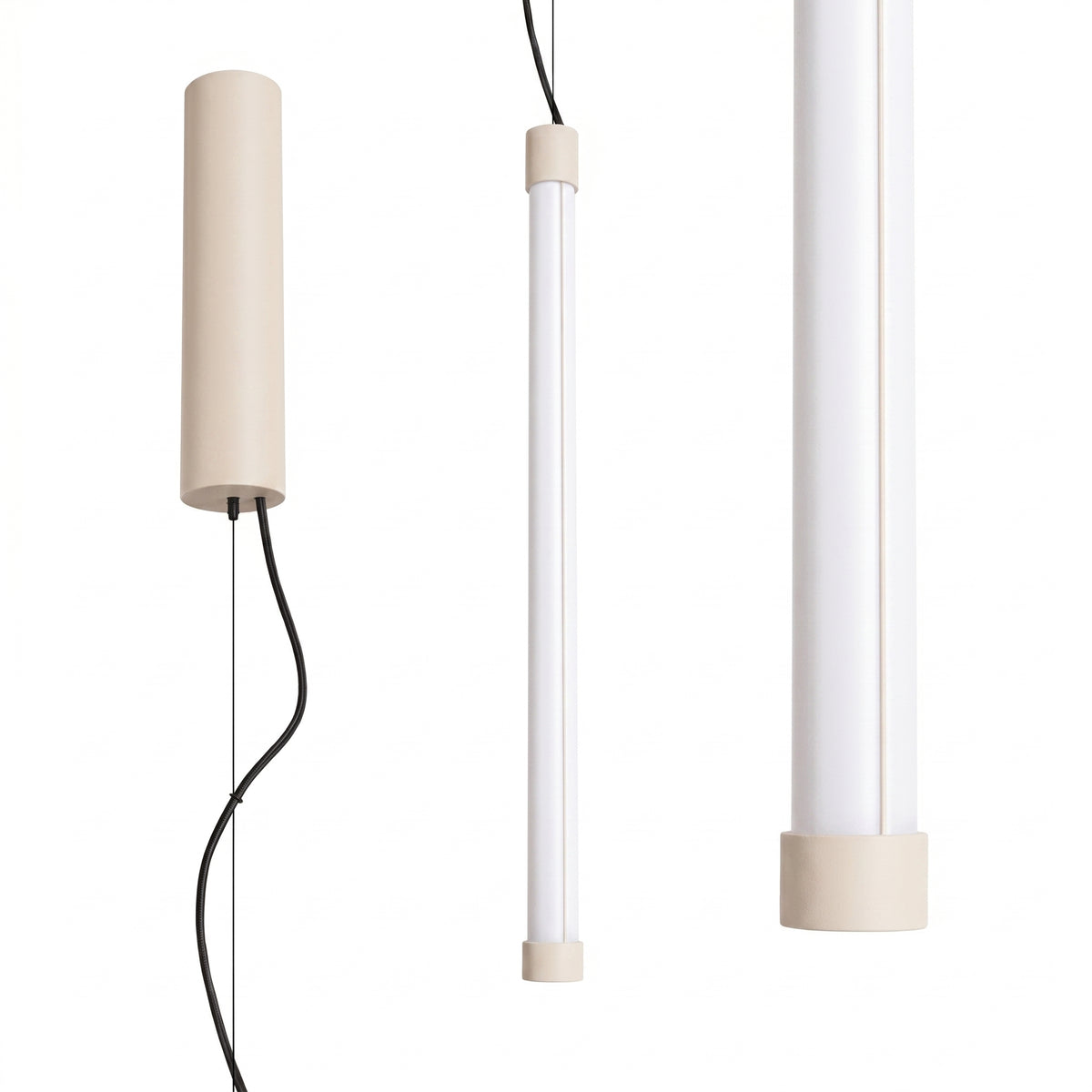 Suspension cylindrique beige sable, trois exemplaires de tailles différentes alignés verticalement