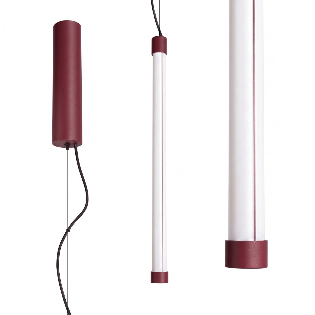 Finition bordeaux foncé du tube lumineux suspendu, capuchons assortis et câble textile noir