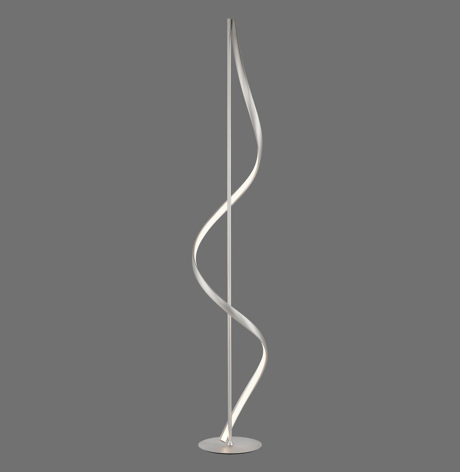 Lampadaire argenté de face sur fond gris, tige centrale et ruban lumineux en spirale.