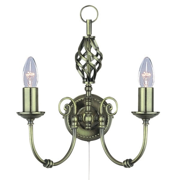 Applique murale Zanzibar en métal, laiton ancien, 2 lumières, hauteur 33 cm
