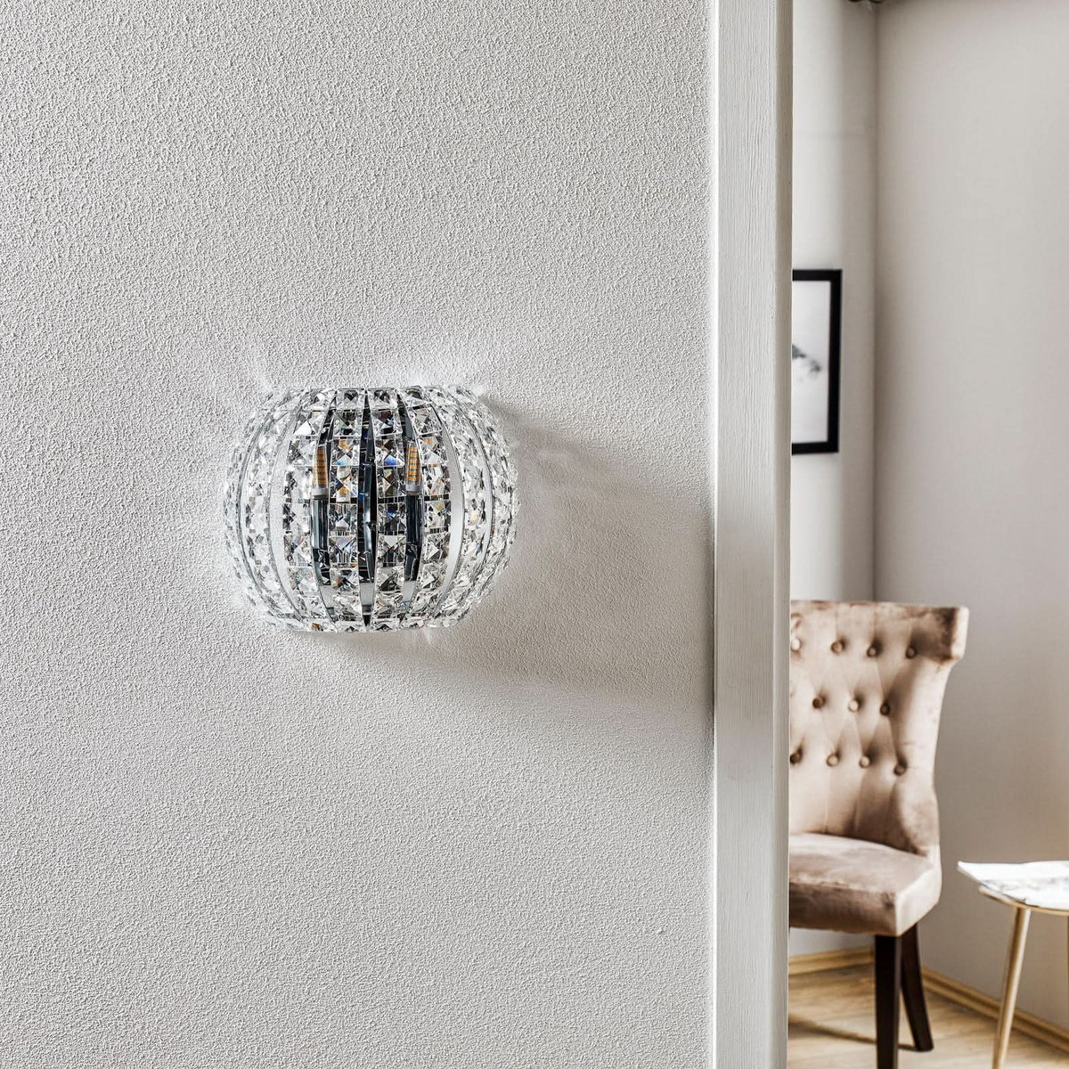 Applique murale Diamond en cristal, chrome et transparent, 2 lumières, hauteur 13 cm