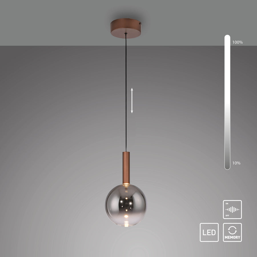 Schéma technique avec variateur, repères 100% et 10%, icônes LED mémoire et flèches.