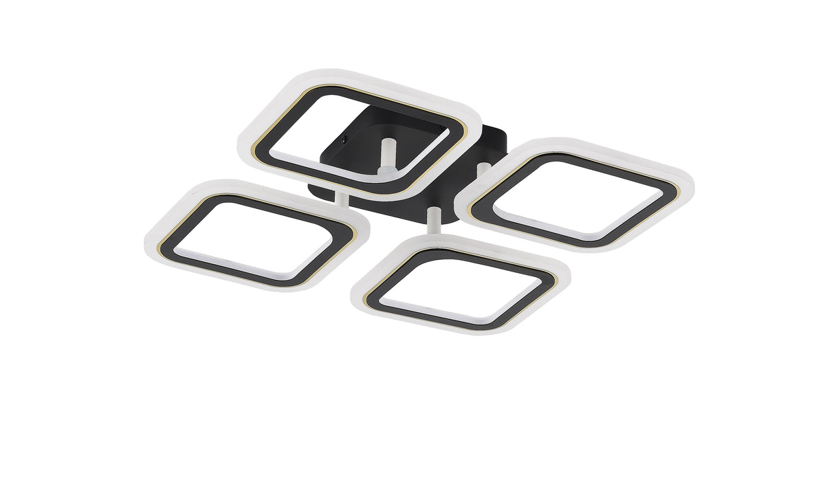 Plafonnier LED vu de dessous, quatre cadres carrés noirs et dorés sur base centrale