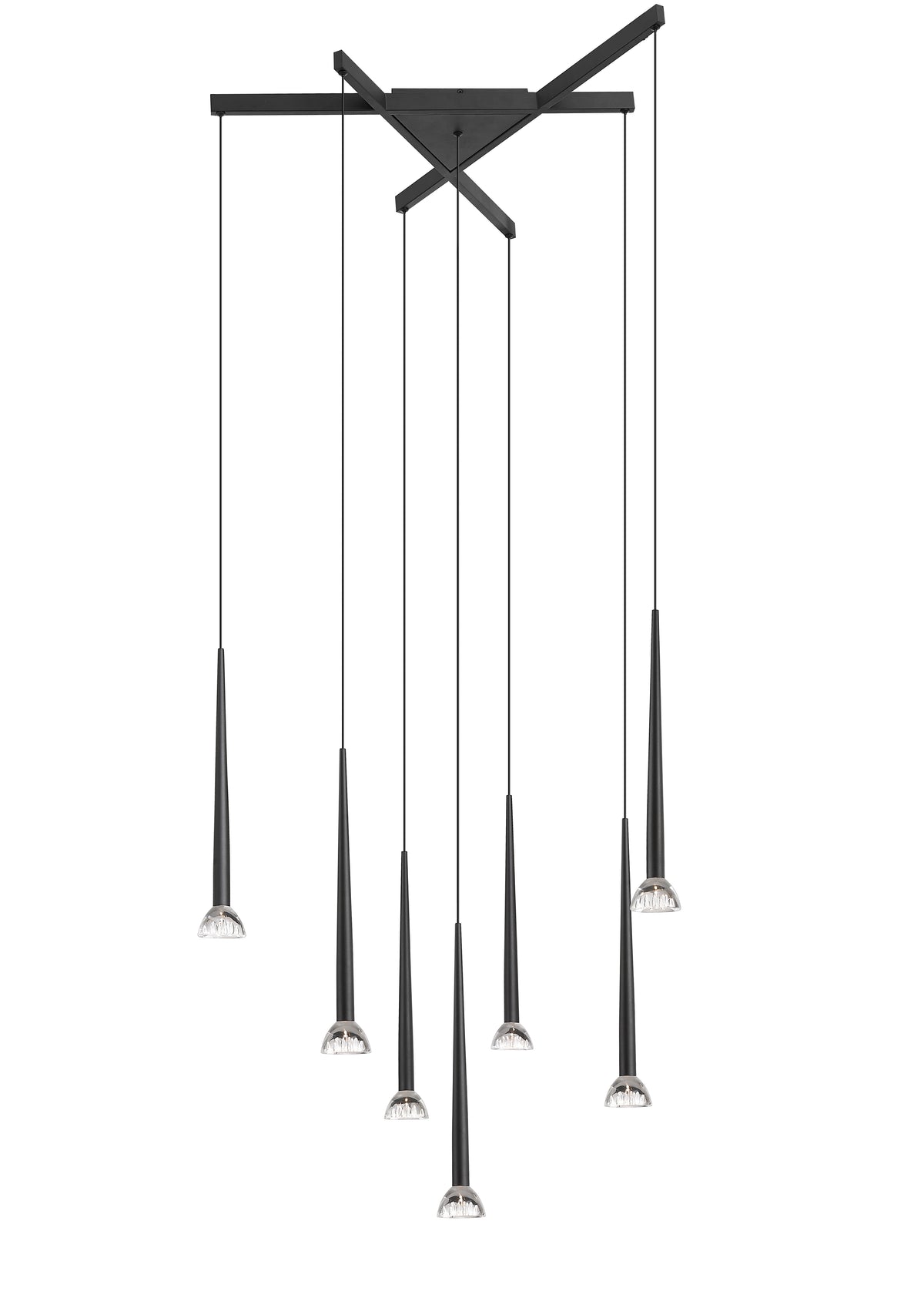 Luminaire suspendu noir à structure croisée et sept pendants coniques terminés par des diffuseurs en verre