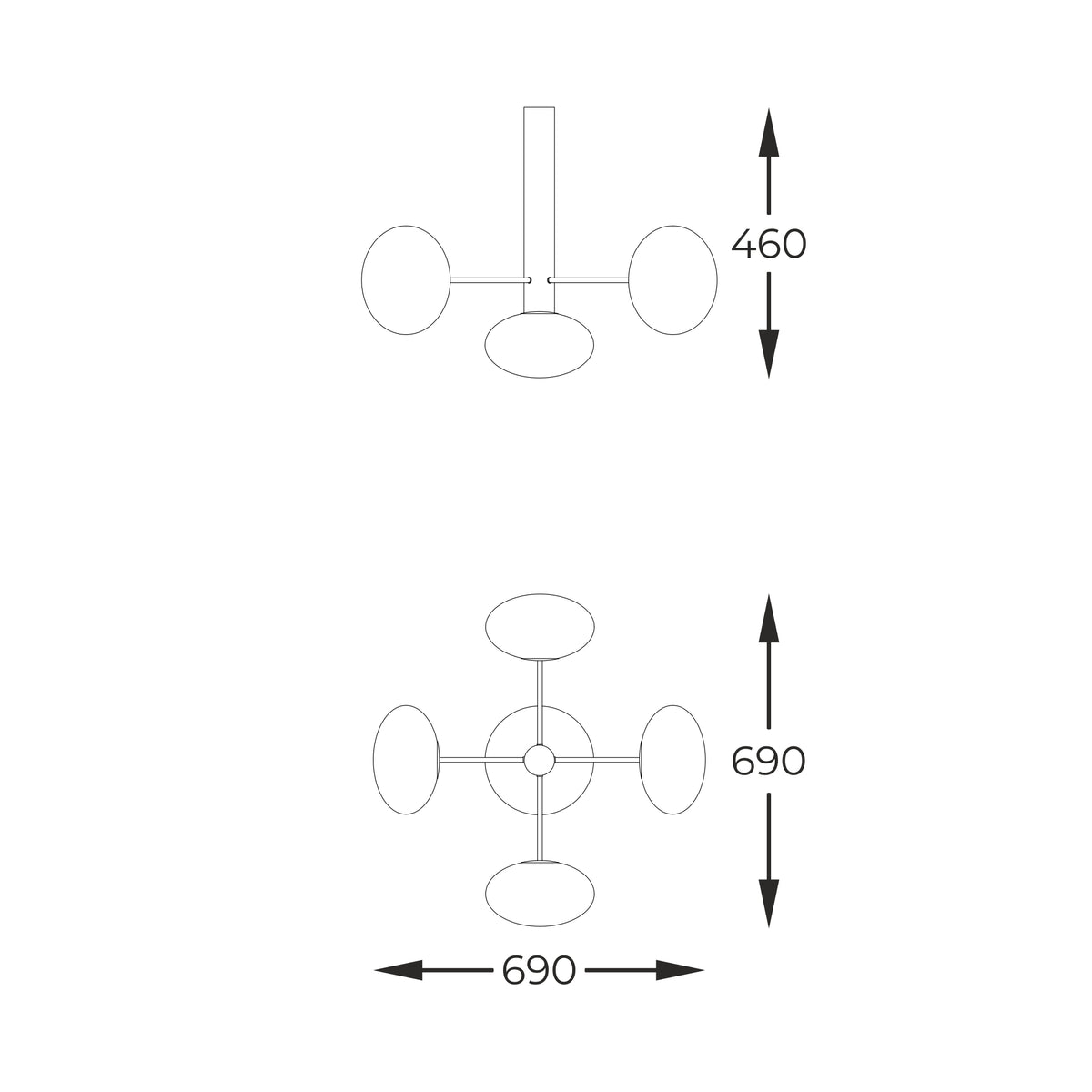 Schéma technique coté du luminaire avec hauteur 460 mm et largeur 690 mm