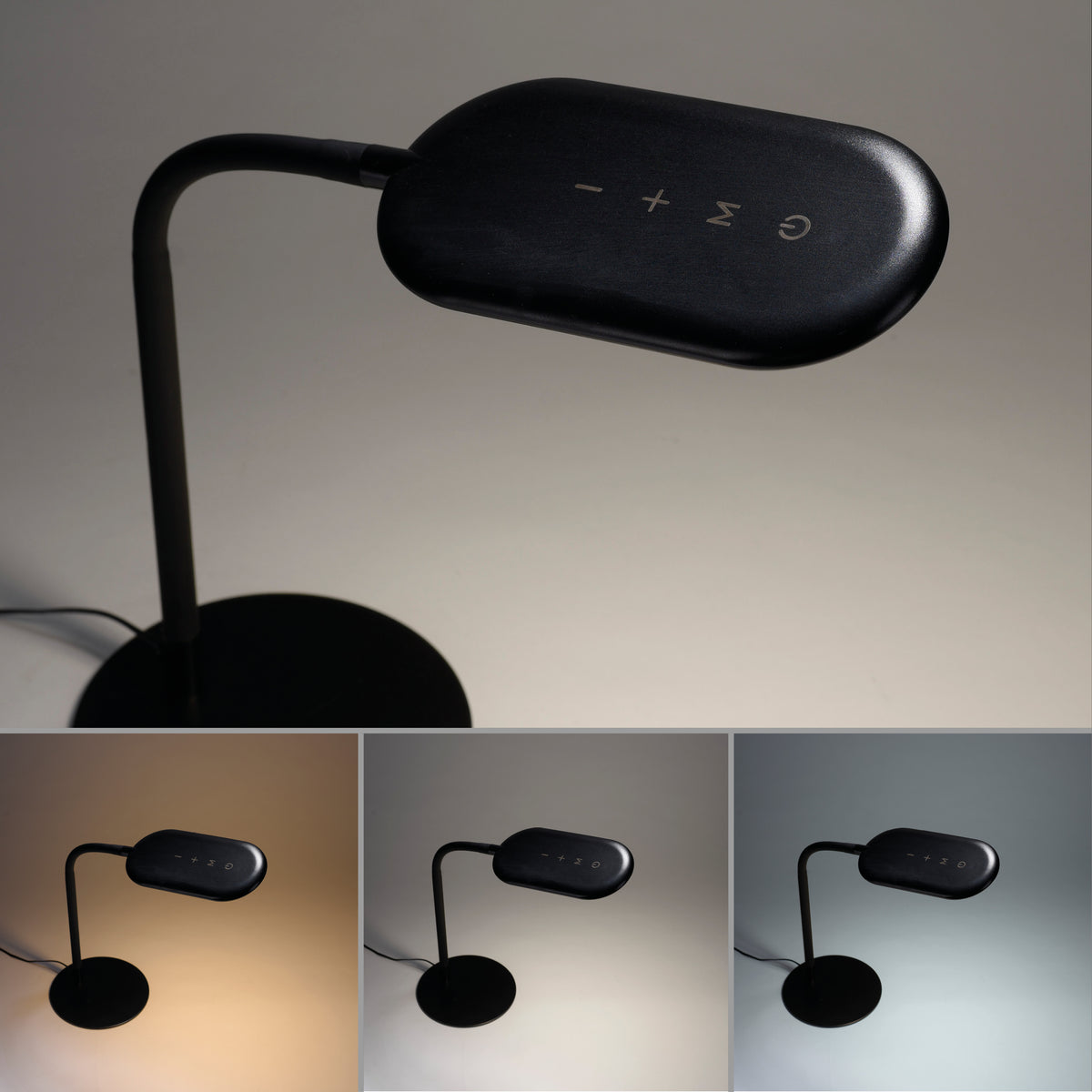 Collage montrant la lampe dans trois températures de couleur : chaude, neutre et froide.