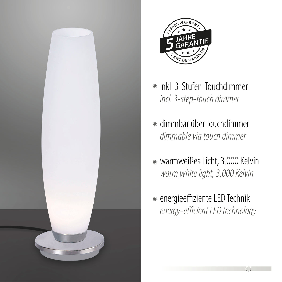 Photo avec badge cinq ans de garantie et arguments produit, lampe à poser en verre dépoli.