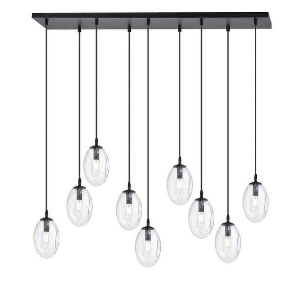 Astral 9-light pendant, black, transparent glass