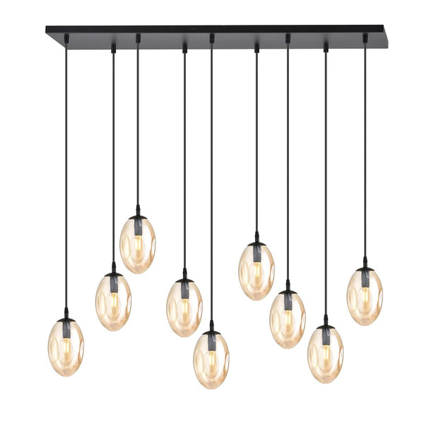 Astral 9-light pendant, black, amber glass