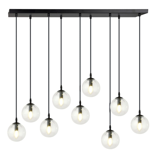 Cosmo 9-light pendant, black, transparent glass