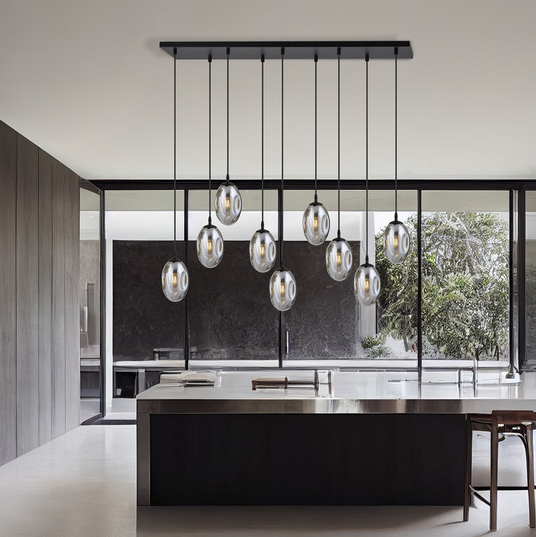 Astral 9-light pendant, black, graphite glass