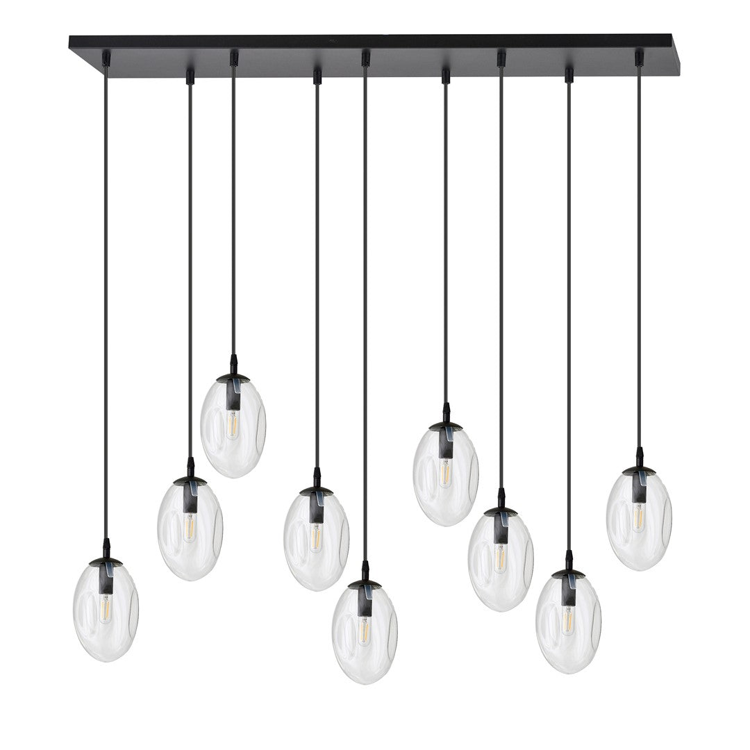 Astral 9-light pendant, black, transparent glass