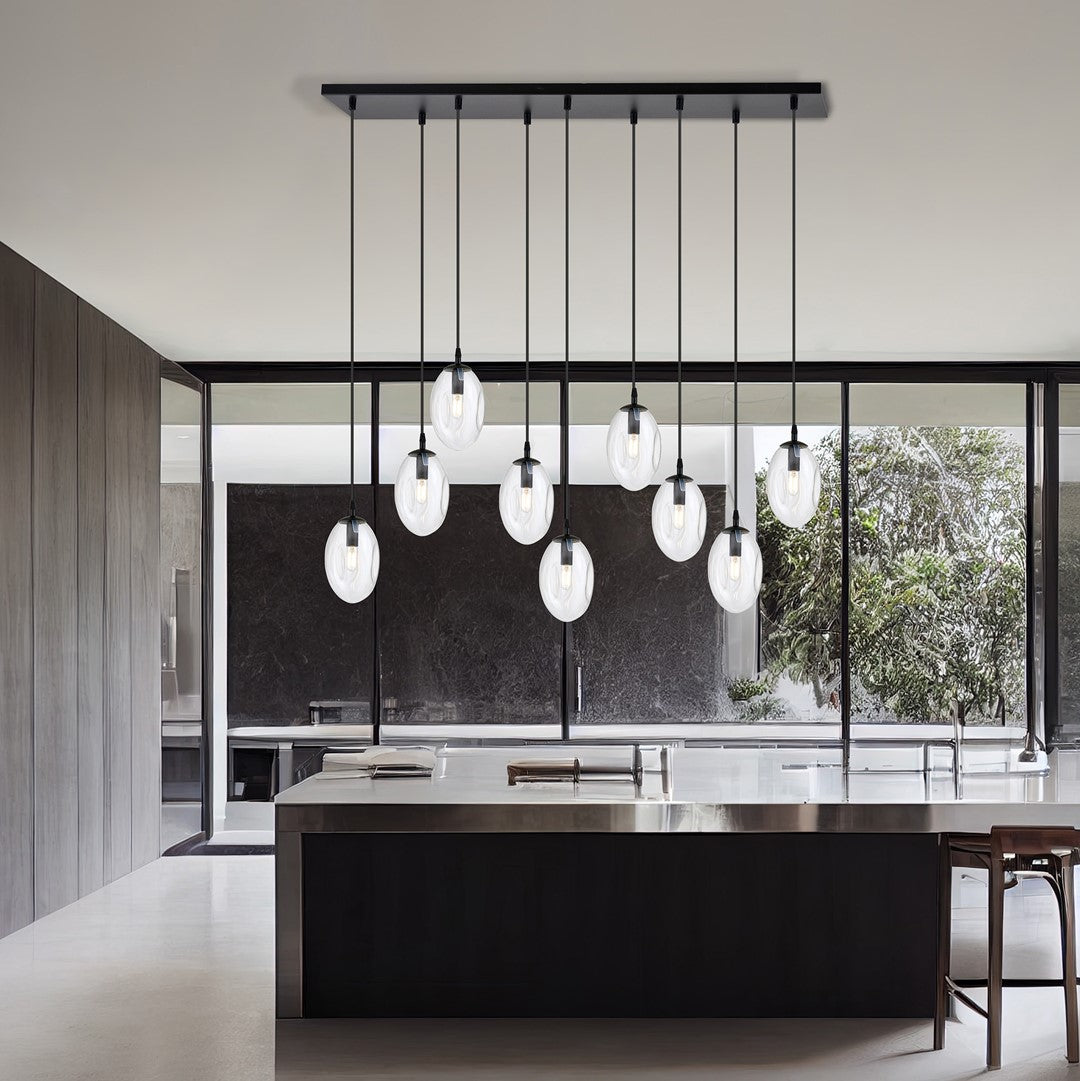 Astral 9-light pendant, black, transparent glass
