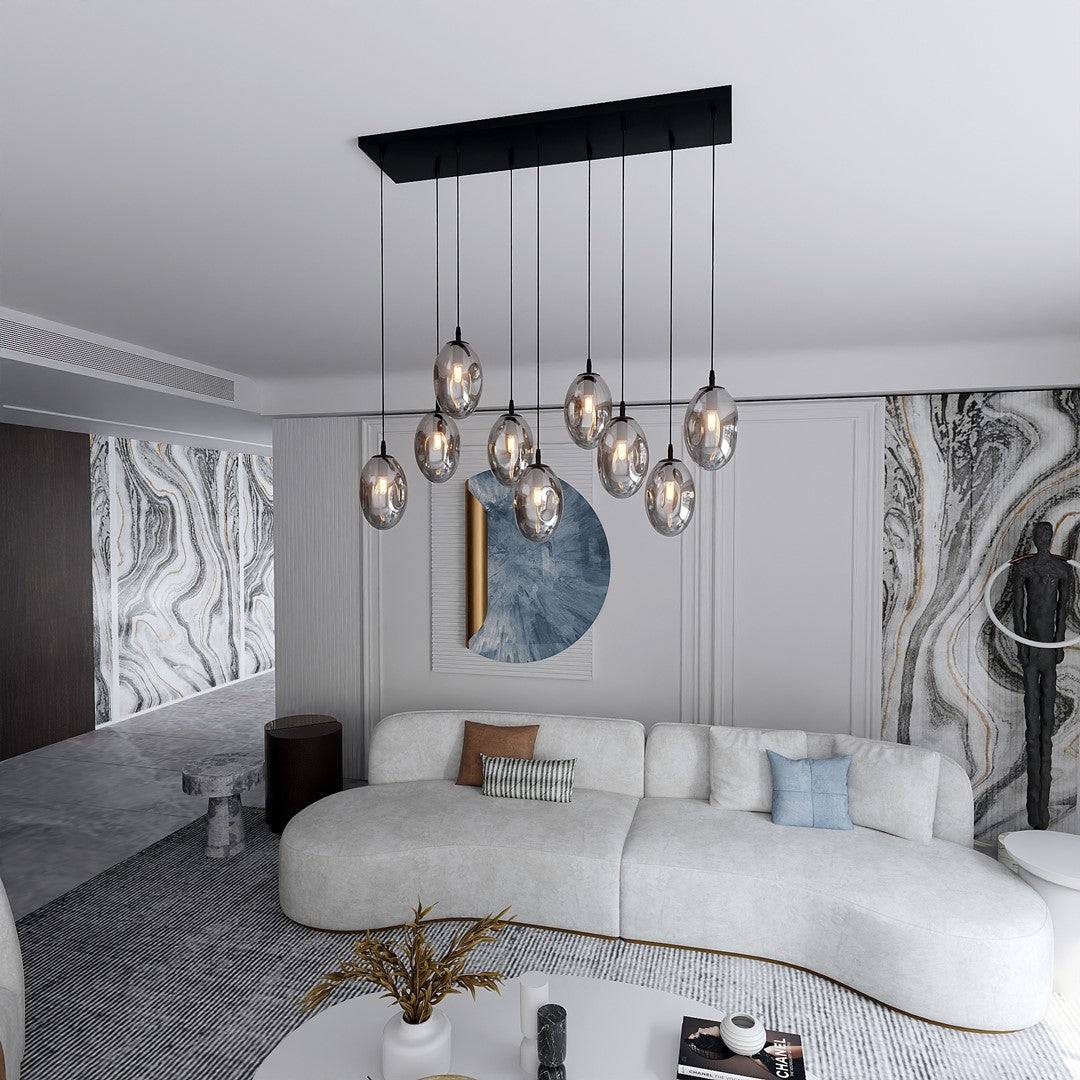 Astral 9-light pendant, black, graphite glass